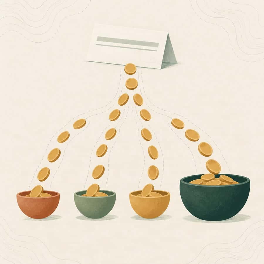 Illustration of a paycheck splitting into tax streams and take-home pay