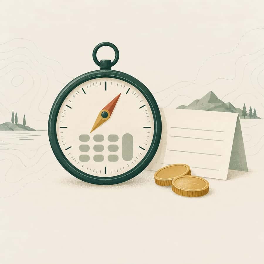 Illustration of a compass with a calculator keypad next to a paycheck